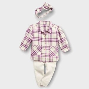 NWT Gap Baby Girl 3pc Outfit Set Plaid Flannel Top Knit Pants Bow Headband 3–6M